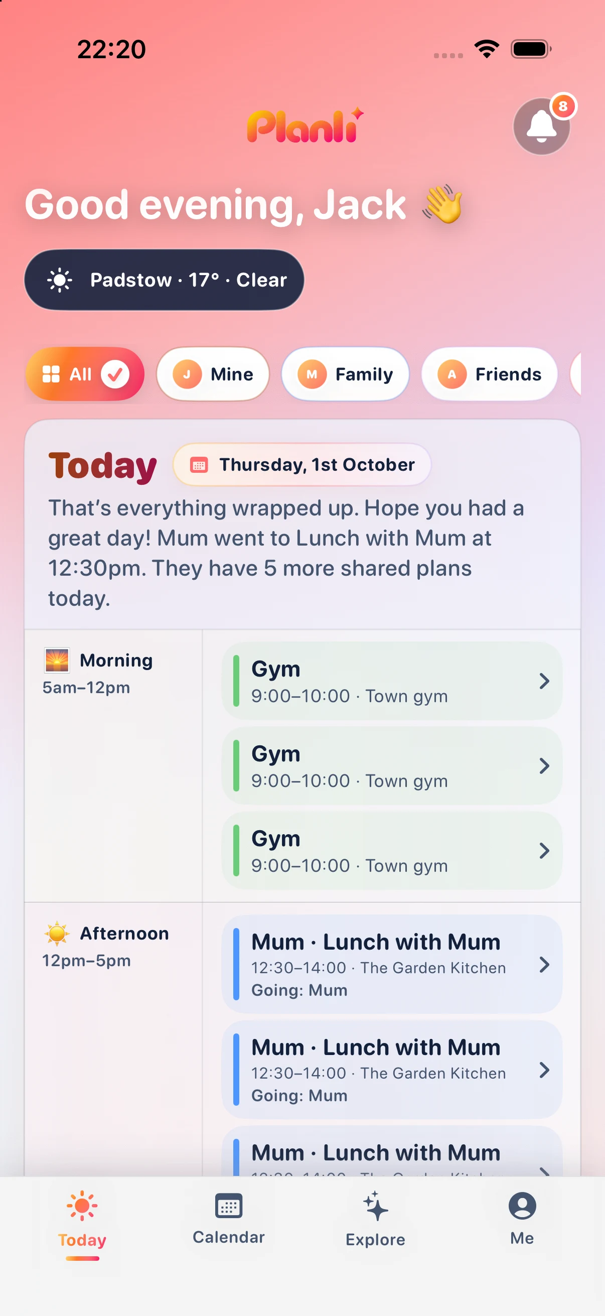 Planli Today screen showing a day split into morning, afternoon and evening plans
