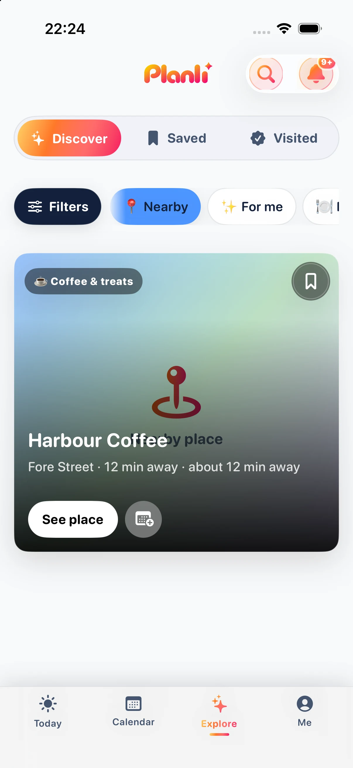 Planli Explore screen showing nearby place suggestions