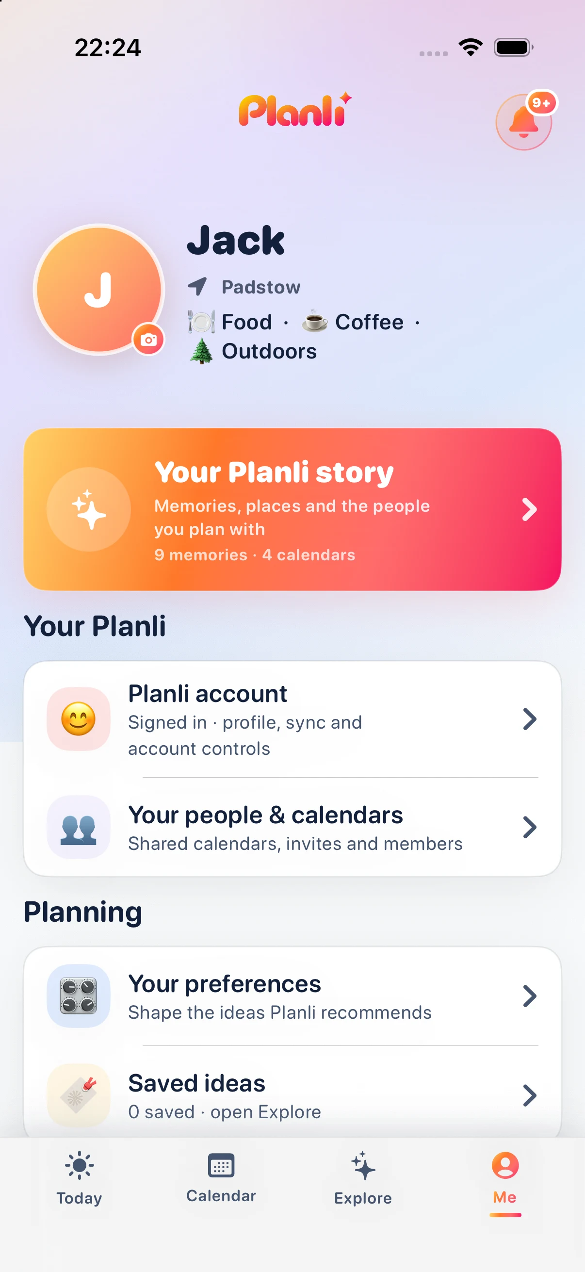 Planli profile and settings screen